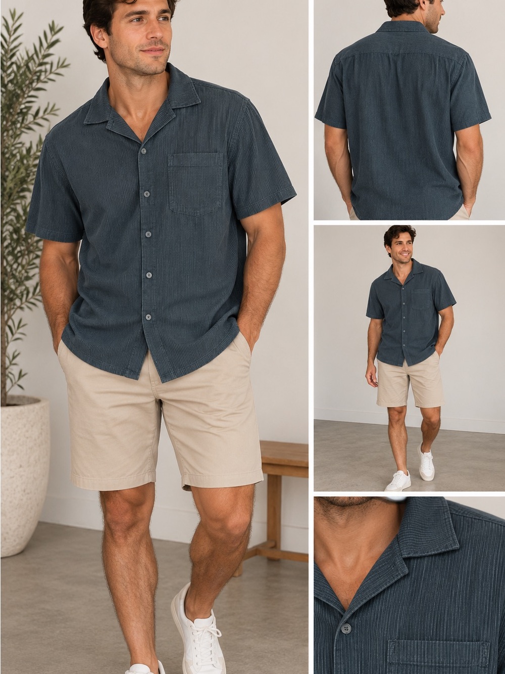 Free Assembly Men’s L Dark Indigo Stripe Workwear Camp Shirt